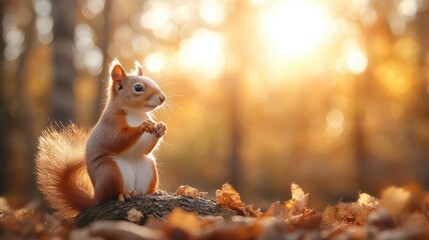 A delightful squirrel sits atop a rock, surrounded by vibrant autumn leaves, basking in the warm glow of the sunset, capturing the beauty of nature in this serene moment.