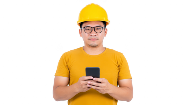 Construction worker wearing yellow hard hat and glasses is holding smartphone, standing against plain background. image conveys sense of focus and modern technology use construction.construction