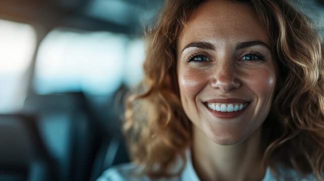 A smiling woman radiates positivity and warmth in a bright setting, embodying joy and confidence while showcasing the beauty of genuine human connection and emotion.