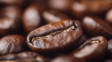 Fototapeta premium A detailed close-up of dark roasted coffee beans showcases their glossy texture, vibrant colors, and rich aroma, emphasizing the love for coffee culture.