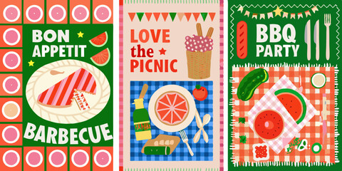 Colorful Hand Drawn Illustrations of Picnic Barbecue and BBQ Party Themes