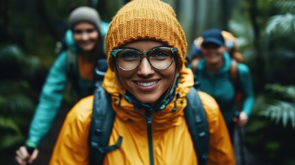 A cheerful hiker in a bright yellow jacket and hat poses for a photo amidst lush greenery, capturing the joy of exploration and the beauty of nature with friends.