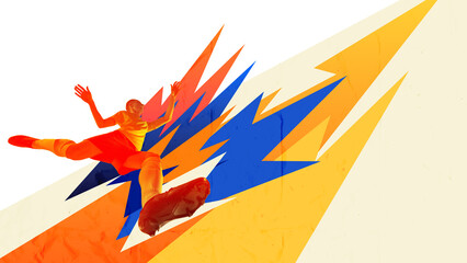 Bold collage. Soccer player performing powerful kick in air, enhanced by colorful dynamic graphic...