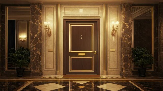Luxurious hotel corridor: golden doorway with marble walls and elegant lighting