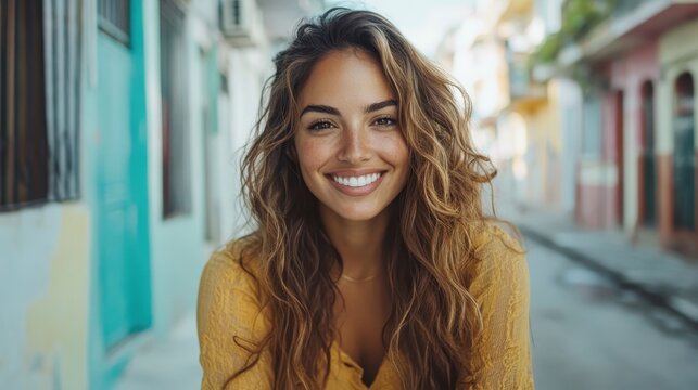 A joyful woman with long curly hair smiles brightly against a colorful urban backdrop, showcasing her natural beauty and sunny disposition in a lively environment.