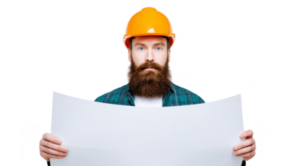 Bearded man wearing orange hard hat and plaid shirt holds large blank blueprint, looking focused. image conveys sense of construction and planning