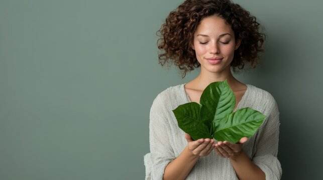 A serene young woman with curly hair carefully holds large green leaves, embodying a deep connection to nature and an appreciation for the beauty of the natural world around her.