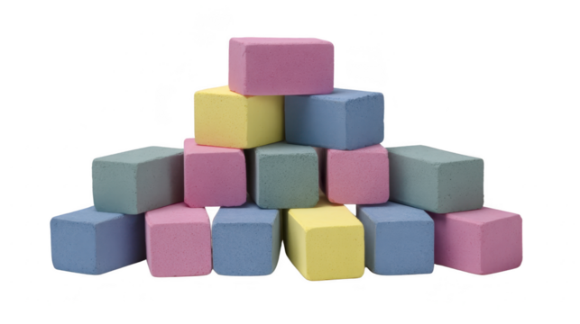 Colorful pastel blocks stacked pyramid shape, featuring shades of pink, blue, yellow, and gray, evoke playful and creative atmosphere. These blocks are perfect for educational or decorative