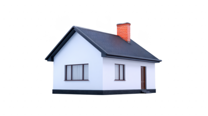 Small, modern house with white facade and red brick chimney, featuring dark roof and simple windows, stands isolated on transparency background
