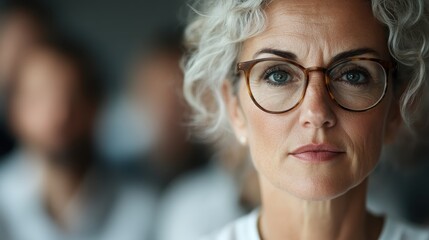 A close-up portrait of a confident woman wearing stylish glasses, exuding poise and intelligence, inspiring others with her strong presence and thoughtful expression.