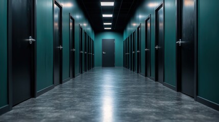 A long, narrow hallway featuring multiple black doors on either side, creating an intriguing and mysterious atmosphere, inviting exploration into the unknown.