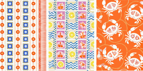 Colorful Collage of Geometric Shapes Citrus Slices and Crabs Seamless Pattern