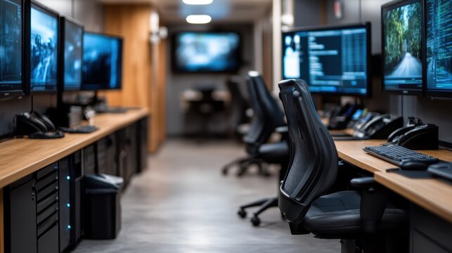 A sleek tech office filled with monitors and equipment exudes a modern and efficient workplace vibe, ideal for technological advancement and digital innovation.