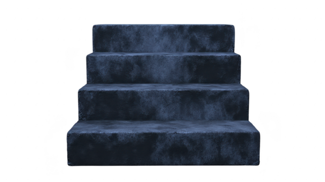 Set of four dark blue carpeted steps is shown, providing soft and textured surface. steps are evenly spaced and appear sturdy, suitable for indoor use. rich color adds touch of elegance to design