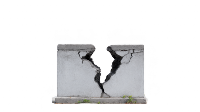 Cracked concrete wall with visible damage and small plants growing at base, symbolizing decay and resilience. wall texture and fractures create striking visual contrast