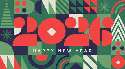 Geometric banner for 2026 New Year.Greeting poster with numbers on minimalistic background with simple geometry shapes.Template for flyer,web, cover,calendar,web,presentation,print.Vector illustration