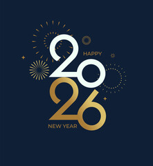 Celebrating 2026 New Year. Elegant minimalistic greeting card for happy event with abstract golden fireworks,white and gold numbers on blue background.Template for poster,flyer,web.Vector illustration