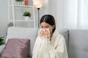 sick woman with a headache sitting under blanket, female sneezing and runny nose with seasonal influenza, allergic, high fever and influenza, resting, virus, coronavirus, feel illness, respiratory