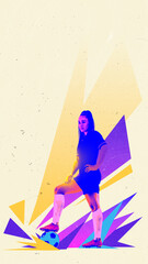 Full-length portrait of a confident young female soccer player in vibrant abstract dynamic collage....