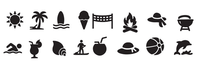 Obraz premium Summer and beach silhouette icons – solid style vacation, leisure, and relaxation symbols for travel planning: sun, palm tree, beach ball, ice cream, sunglasses, waves, flip flops, drink