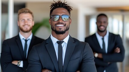 A vibrant portrait of a confident team of three professionals, dressed in formal attire, radiating positivity and success, set against a modern corporate backdrop.