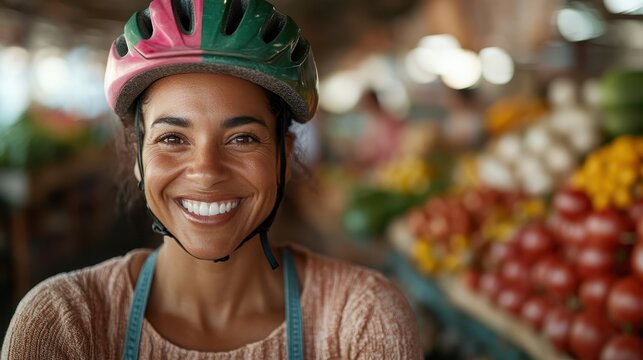 A friendly woman wearing a helmet smiles warmly while surrounded by vibrant fresh produce at a farmer's market, representing community, health, and enjoyment of local foods. - Powered by Adobe