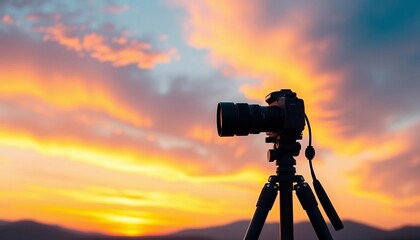 Flat vector illustration of sunset photography; tripod, camera, vibrant sky,  impressive,  majestic