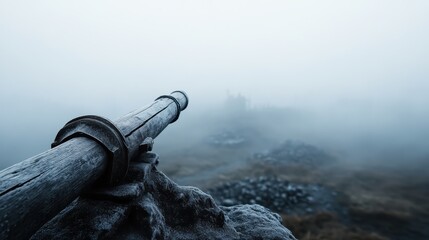 This image captures a vintage wooden telescope overlooking a misty landscape, evoking feelings of mystery and the allure of exploration through foggy conditions.