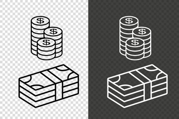 Stacked coins and money bundles icon. Vector illustration on a transparent background, shown in black and white versions. Pixel perfect