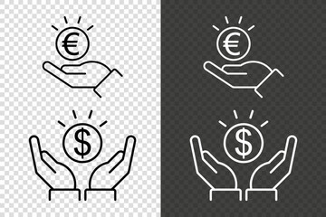 Received money icon. Vector icon of hands holding dollar and euro coins with rays, shown in outline style on a transparent background. Pixel perfect