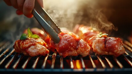An appetizing image of juicy meat grilling over an open flame showcases the art of cooking, embodying summer gatherings and the joy of shared meals with loved ones.