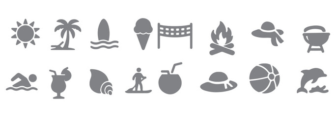 Summer and beach silhouette icons – solid style vacation, leisure, and relaxation symbols for travel planning: sun, palm tree, beach ball, ice cream, sunglasses, waves, flip flops, drink