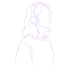Woman listening to music with headphones line art outline illustration