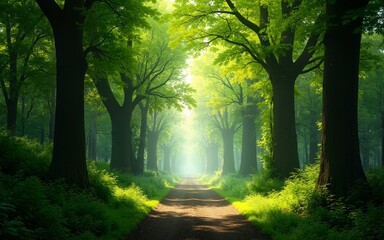 Fototapeta premium Beautiful view of shady green forest trees in the middle of the forest, perfect for a nature theme. High quality