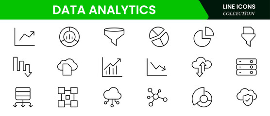 Insightful vector web line icons depicting data analytics, big data, visualization, insights, and statistical tools for informed decision-making.