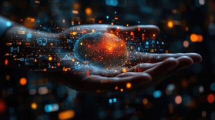 Futuristic concept of AI-powered industries--abstract digital brain hovering, linked to icons of smart healthcare, automation, smart cities, energy grids, and cloud computing. Advanced technology inte