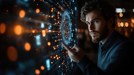 Futuristic concept of AI-powered industries--abstract digital brain hovering, linked to icons of smart healthcare, automation, smart cities, energy grids, and cloud computing. Advanced technology inte