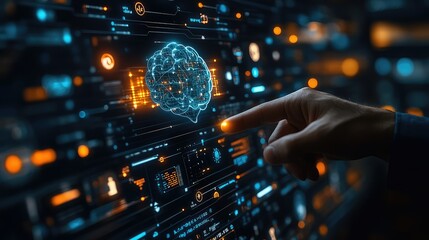Futuristic concept of AI-powered industries--abstract digital brain hovering, linked to icons of smart healthcare, automation, smart cities, energy grids, and cloud computing. Advanced technology inte