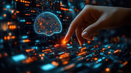 Futuristic concept of AI-powered industries--abstract digital brain hovering, linked to icons of smart healthcare, automation, smart cities, energy grids, and cloud computing. Advanced technology inte