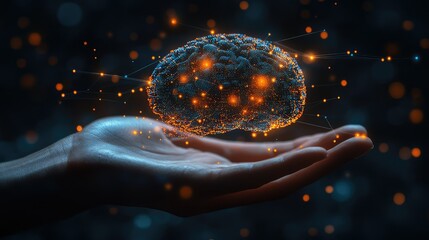 Futuristic concept of AI-powered industries--abstract digital brain hovering, linked to icons of smart healthcare, automation, smart cities, energy grids, and cloud computing. Advanced technology inte