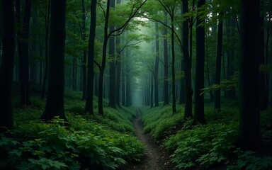 Obraz premium A scenic view of a dark forest with green foliage, symbolizing nature and tranquility, ideal for landscape and nature themes. High quality