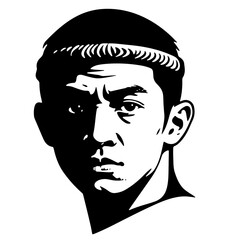 Black and white illustration of a man with a determined expression.