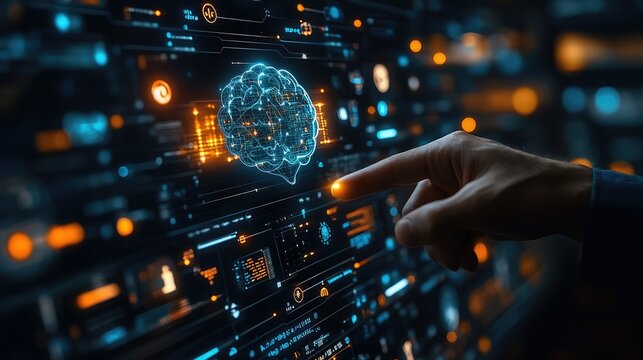 Futuristic concept of AI-powered industries--abstract digital brain hovering, linked to icons of smart healthcare, automation, smart cities, energy grids, and cloud computing. Advanced technology inte - Powered by Adobe