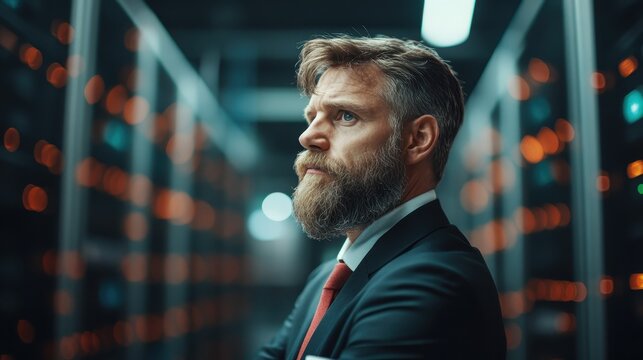 A thoughtful businessman stands in a modern, high-tech server room, surrounded by illuminated server racks, tying the concepts of technology and human intellect together.