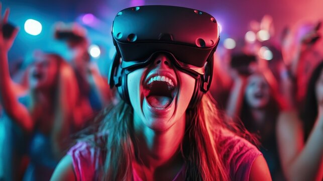 A young woman in a vibrant atmosphere, experiencing virtual reality with her mouth open in excitement, surrounded by a crowd enjoying technology at an event or party.