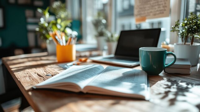 A cozy workspace featuring an open book, a laptop, potted plants, and a coffee mug, capturing a warm and inviting atmosphere for creativity and productivity.