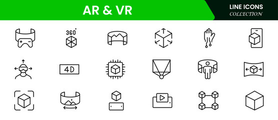 Immersive vector web line icons depicting AR, VR, headsets, augmented realities, and interactive digital experiences for innovative technology.