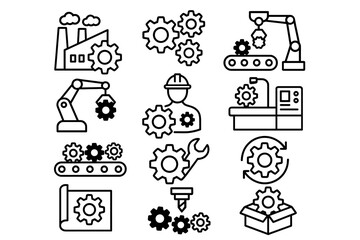 Industrial automation icons: gears, robots, engineer, assembly line, factory