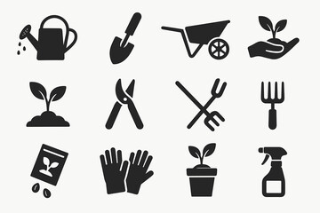 Set of gardening tools and plant icons for cultivation and planting
