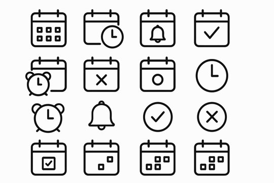 Minimalist calendar and clock icons set with alarms and reminders